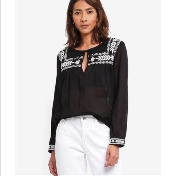 J. Crew Boho Popover Embroidered Semolina Indian Voile Black Peplum Sleeve Top - Picture 1 of 10